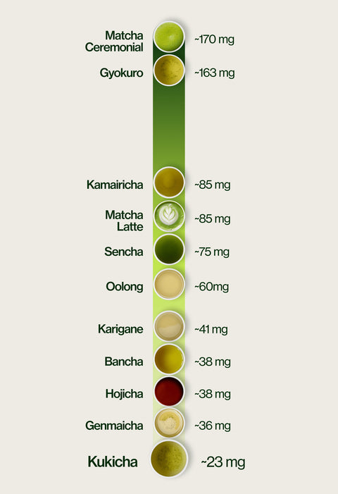 Caffeine level chart highlighting Kukicha at ~23 mg per 5 g serving, compared with Genmaicha ~36 mg, Hojicha ~38 mg, Bancha ~38 mg, Karigane ~41 mg, Oolong ~60 mg, Sencha ~75 mg, Matcha Latte ~85 mg, Kamairicha ~85 mg, Gyokuro ~163 mg and Matcha Ceremonial ~170 mg.