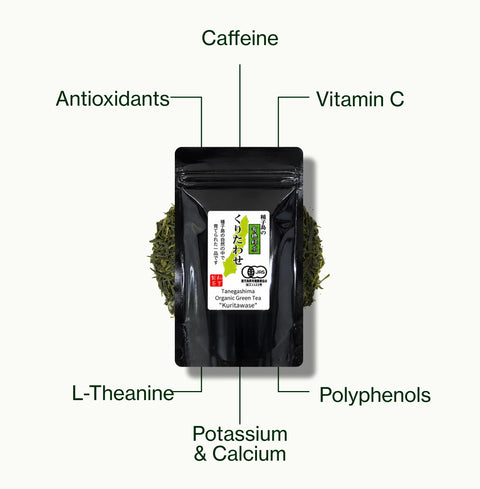 Nio Teas Shincha Tanegashima Kuritawase 2026 pack of loose leaf tea, labelled with caffeine, antioxidants, polyphenols, vitamin C, L-theanine, and potassium and calcium