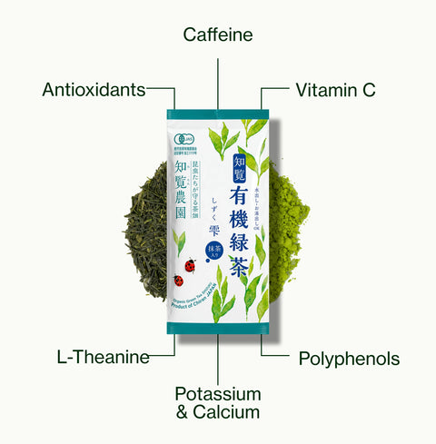 Nio Teas Shincha Shizuku Chiran 2026 with Matcha Powder pack of loose leaf tea, labelled with caffeine, antioxidants, polyphenols, vitamin C, L-theanine, and potassium and calcium
