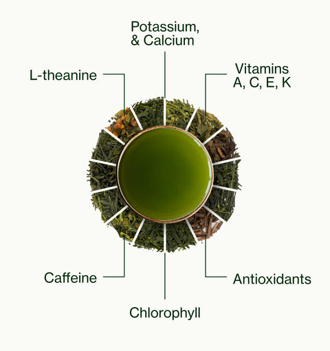 A circular infographic on a light off-white background showing a green tea sphere with labeled callouts: caffeine, L-theanine, chlorophyll, potassium and calcium, antioxidants, and vitamins A, C, E, and K.